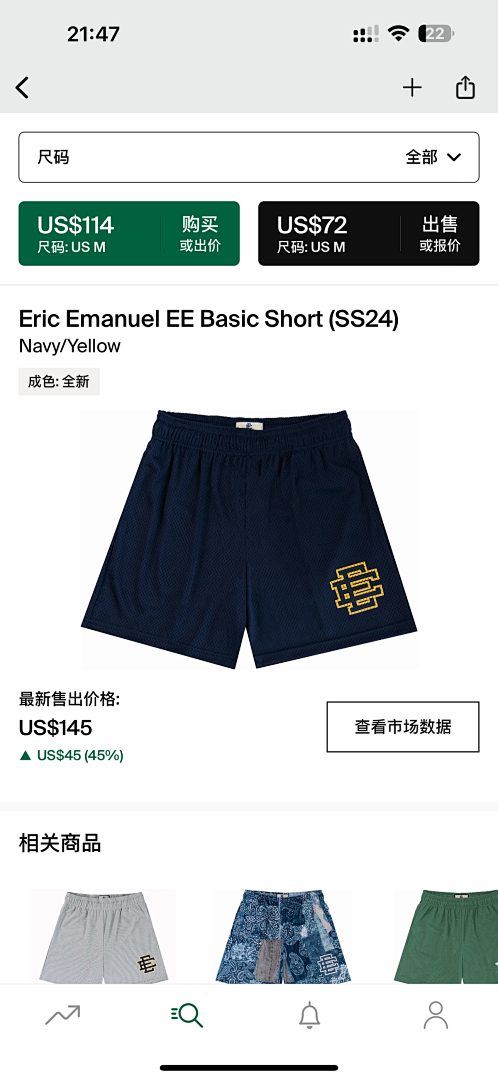 Eric Emanuel Shorts — Basic (SS24) Navy (Yellow) Angle 1