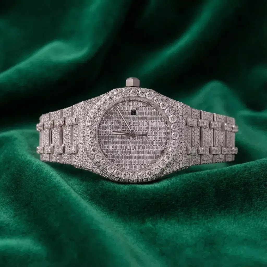 Audemars Piguet Royal Oak–Inspired Fully Iced Automatic Watch Silver Stainless Steel Diamond Pavé Dial Angle 1