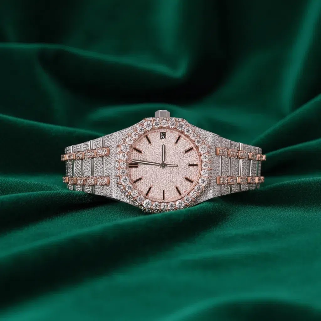 Moissanite Audemars Piguet Royal Oak–Inspired Rose Gold Fully Iced Automatic Watch Diamond Pavé Dial Angle 1