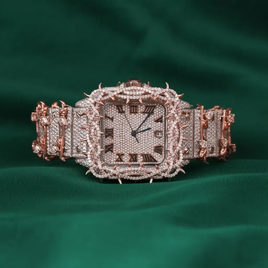 Cartier Hip Hop Rose Gold Spiked Fully Iced Square Watch Roman Numeral Dial Luxury Custom Statement Timepiece Angle 1