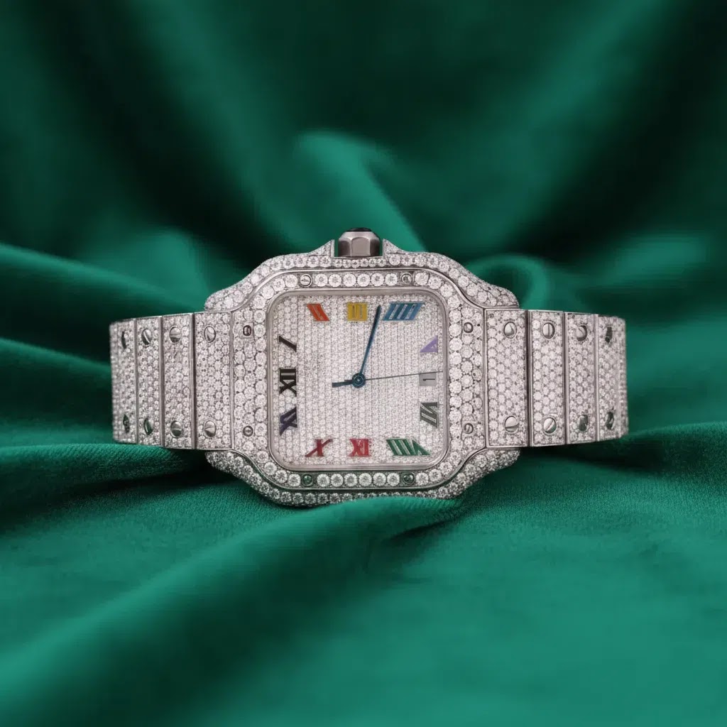 Cartier Multicolor Roman Dial Fully Iced Square Watch Diamond Bezel Luxury Automatic Timepiece Angle 1