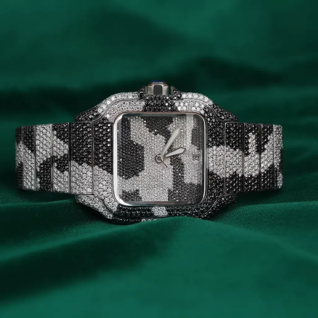 Cartier Santos–Inspired Black & White Iced Square Watch Full Pavé Camouflage Dial Luxury Timepiece Angle 1