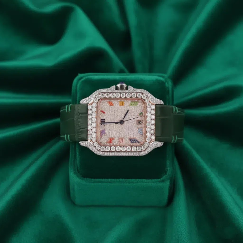 Cartier Santos–Inspired Multicolor Roman Dial Iced Square Watch Green Strap Diamond Bezel Luxury Timepiece Angle 1