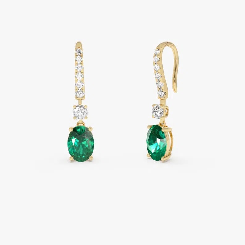 14k Gold Emerald & Diamond Drop Earrings, 2.80 CTW Lab Grown Colombian Emeralds and Diamonds, Colombian Emerald Oval… Angle 1