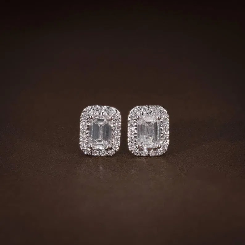 2.59 CT Emerald Cut Diamond Halo Stud Earrings | 925 Silver Bridal Earrings | Cushion Shape Halo | Wedding Jewelry Gi… Angle 1