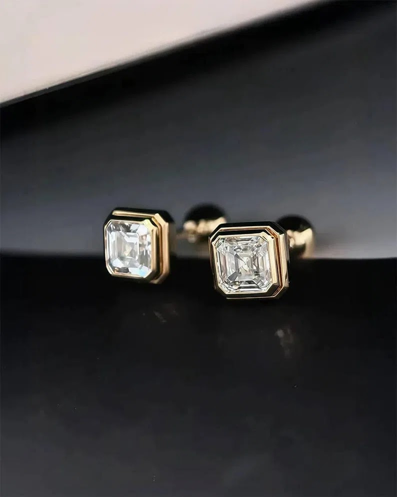 Asscher Cut 0.4ctw Lab Diamond Square Stud Earrings in 10k / 14K Solid Gold, Minimal Geometric Studs, Everyday Jewelr… Angle 1