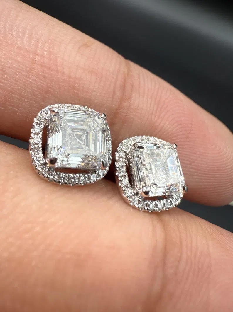 Asscher Lab Grown Diamond Stud Earrings 2.2ct, Halo Diamond Earrings, IGI Certified VVS EF, Gold Designer Earrings, L… Angle 1
