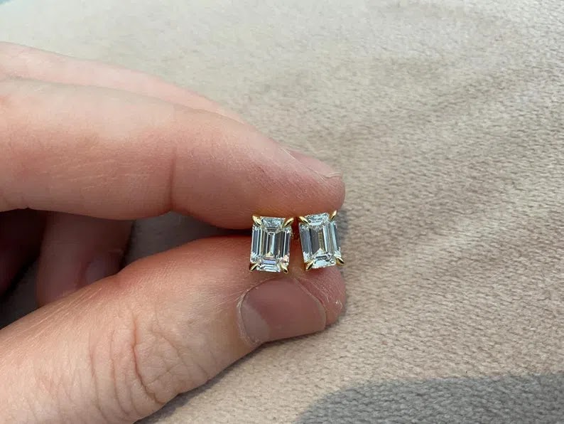 Emerald Cut 2.0 carat Lab Diamond Stud Earrings: Gold Plated Sterling Silver Angle 1