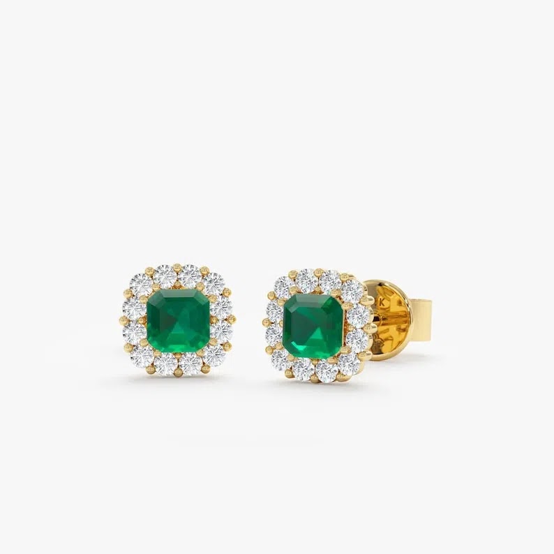 Emerald Diamond Halo Stud Earrings, 14k or 18k Solid Gold, Natural Emeralds, Diamond Studs, Natural and Genuine, May… Angle 1