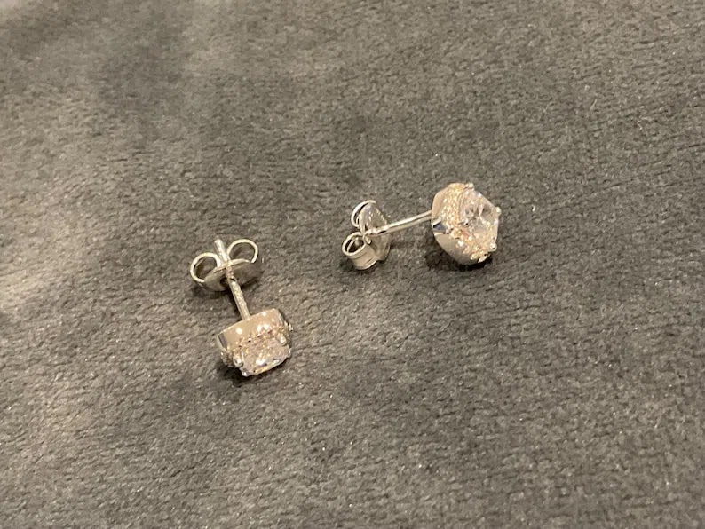 Lab Created Diamond Halo Earrings: 2.44 ct Cushion Cut, Sterling Silver Angle 1