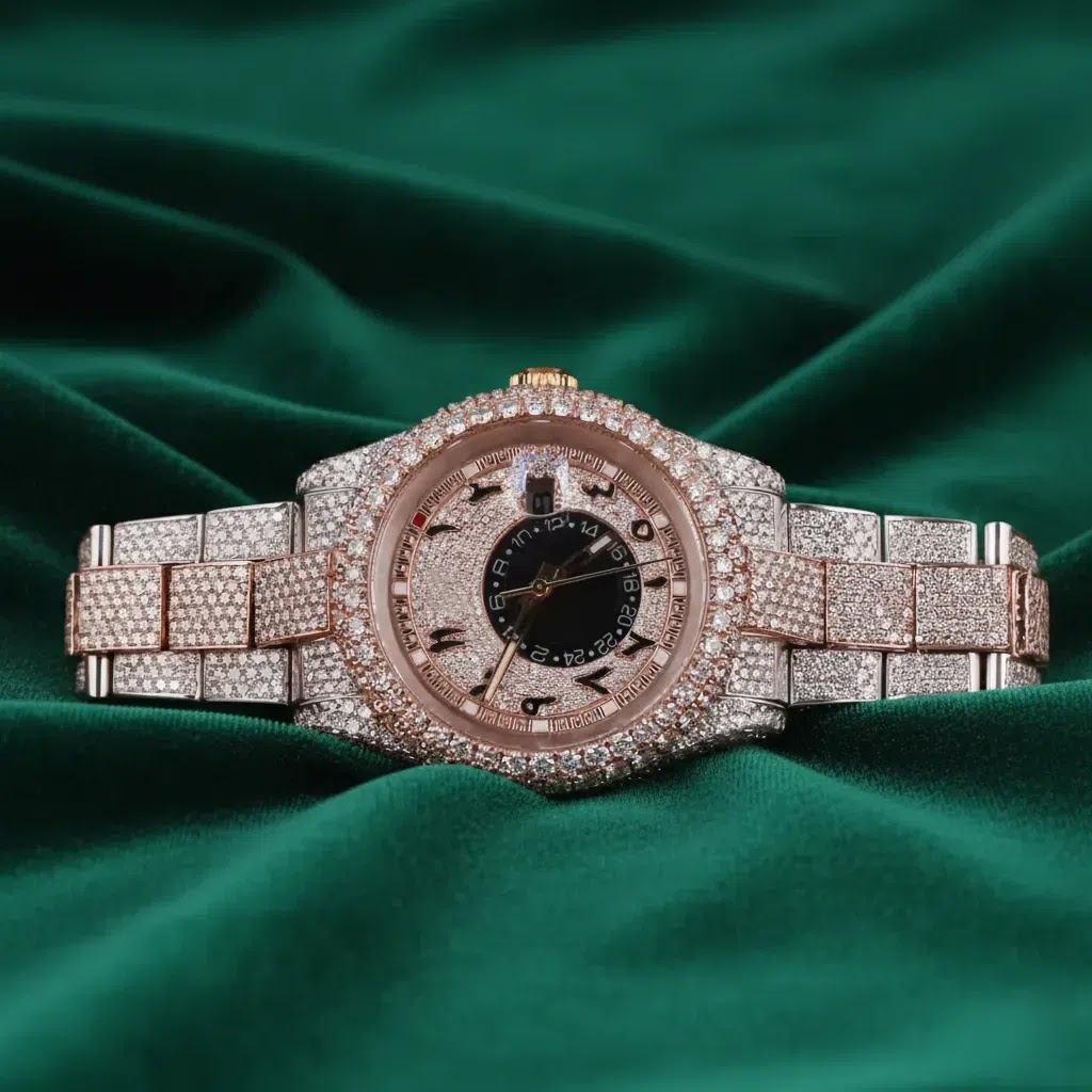 Luxury Rolex Fully Iced Automatic Stainless Steel Watch Rose Gold Pave Dial Arabic Numeral Statement Timepiece Angle 1
