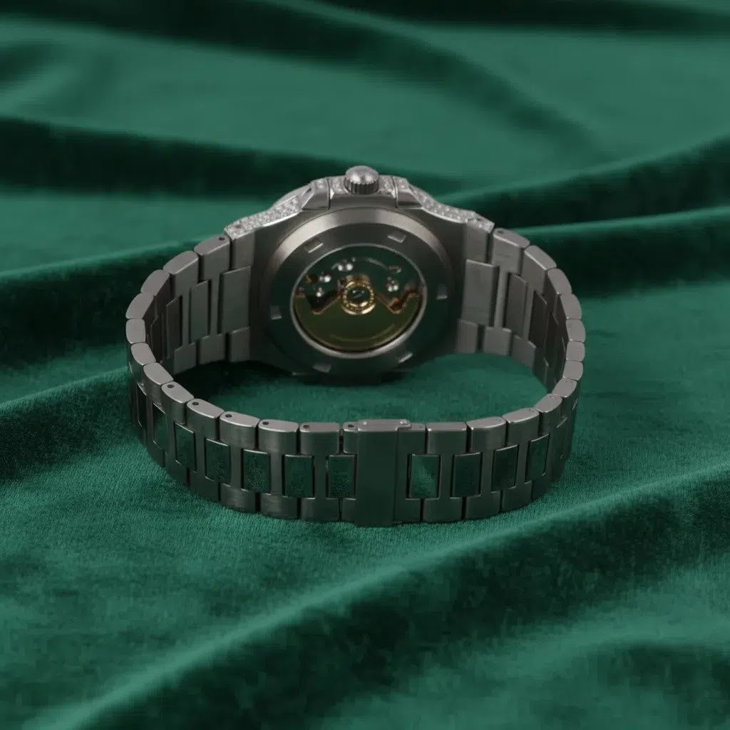 Luxury Silver Fully Iced Moissanite Automatic Watch Stainless Steel Pavé Timepiece with Black Dial Angle 1
