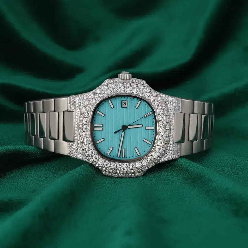 PT 41MM VVS Moissanite Diamond Two Row Stone Bezel Watch 22CT Angle 1