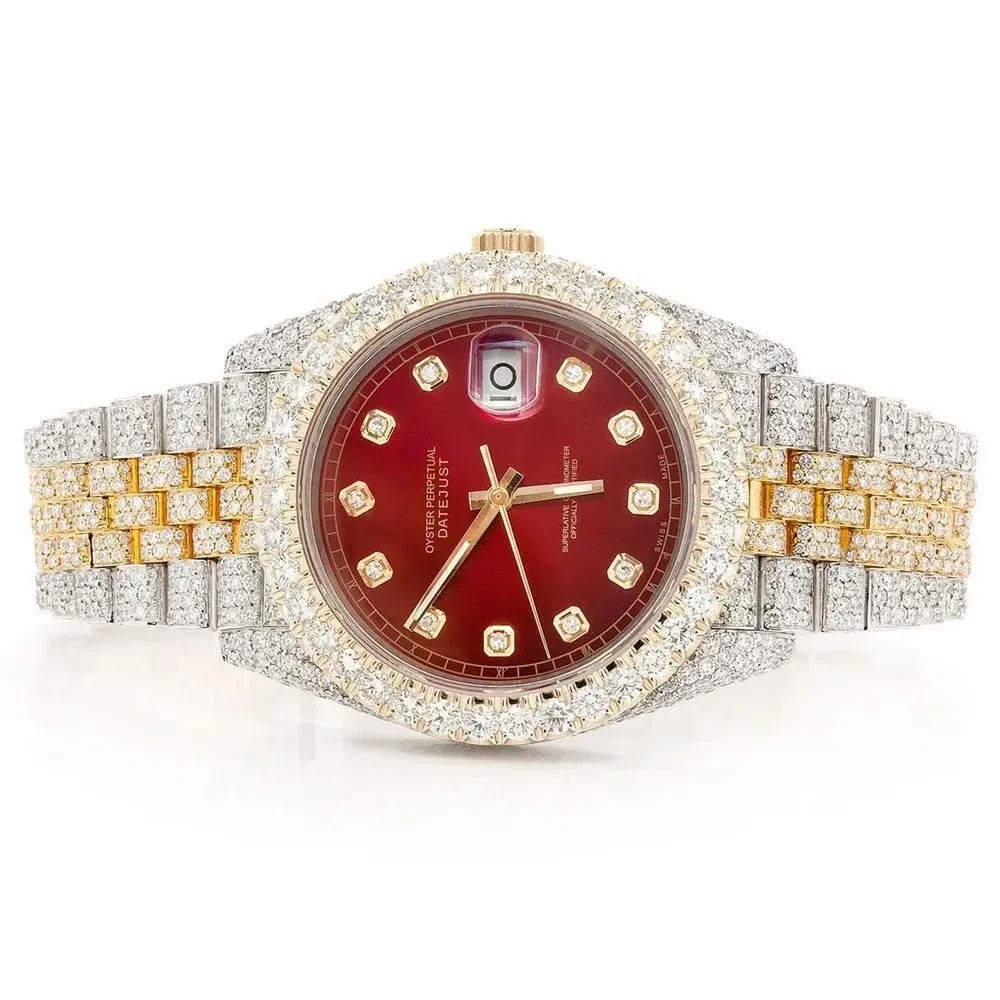 Rolex Date just Style Two-Tone Full Iced Automatic Chronograph Watch Yellow Gold & Silver Stainless Steel Ruby Red Di… Angle 1