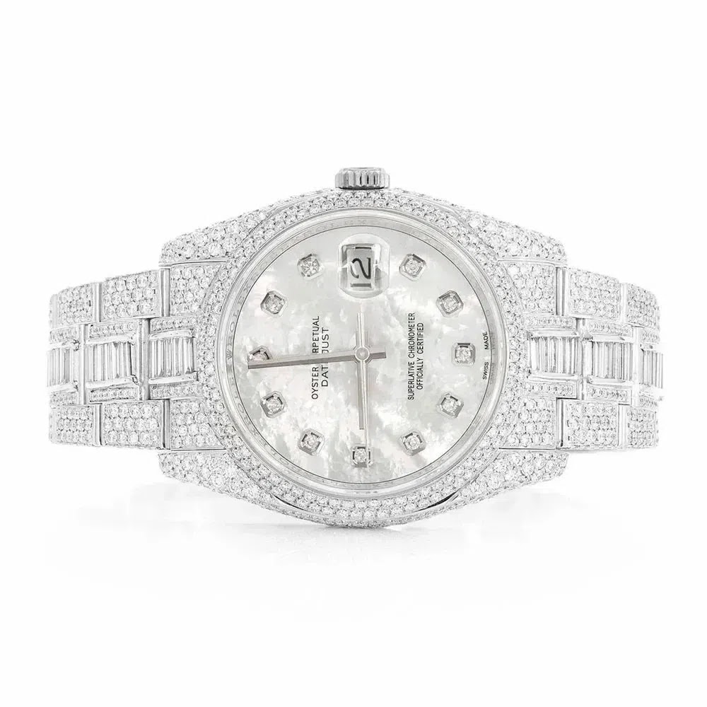 Rolex Datejust Style Full Iced Automatic Chronograph Watch Silver Stainless Steel with Ice White Diamond Dial Angle 1