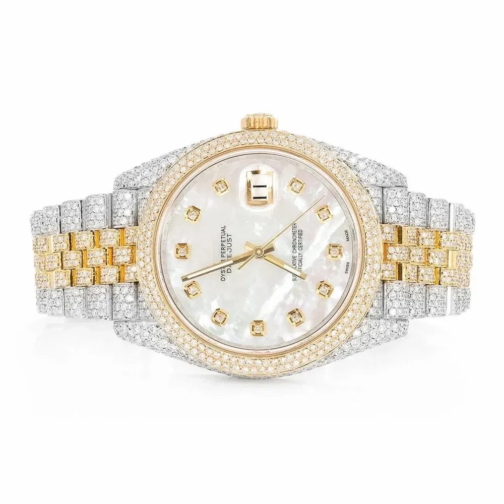 Rolex Datejust Style Two-Tone Full Iced Automatic Chronograph Watch Yellow Gold & Silver Stainless Steel White Diamon… Angle 1