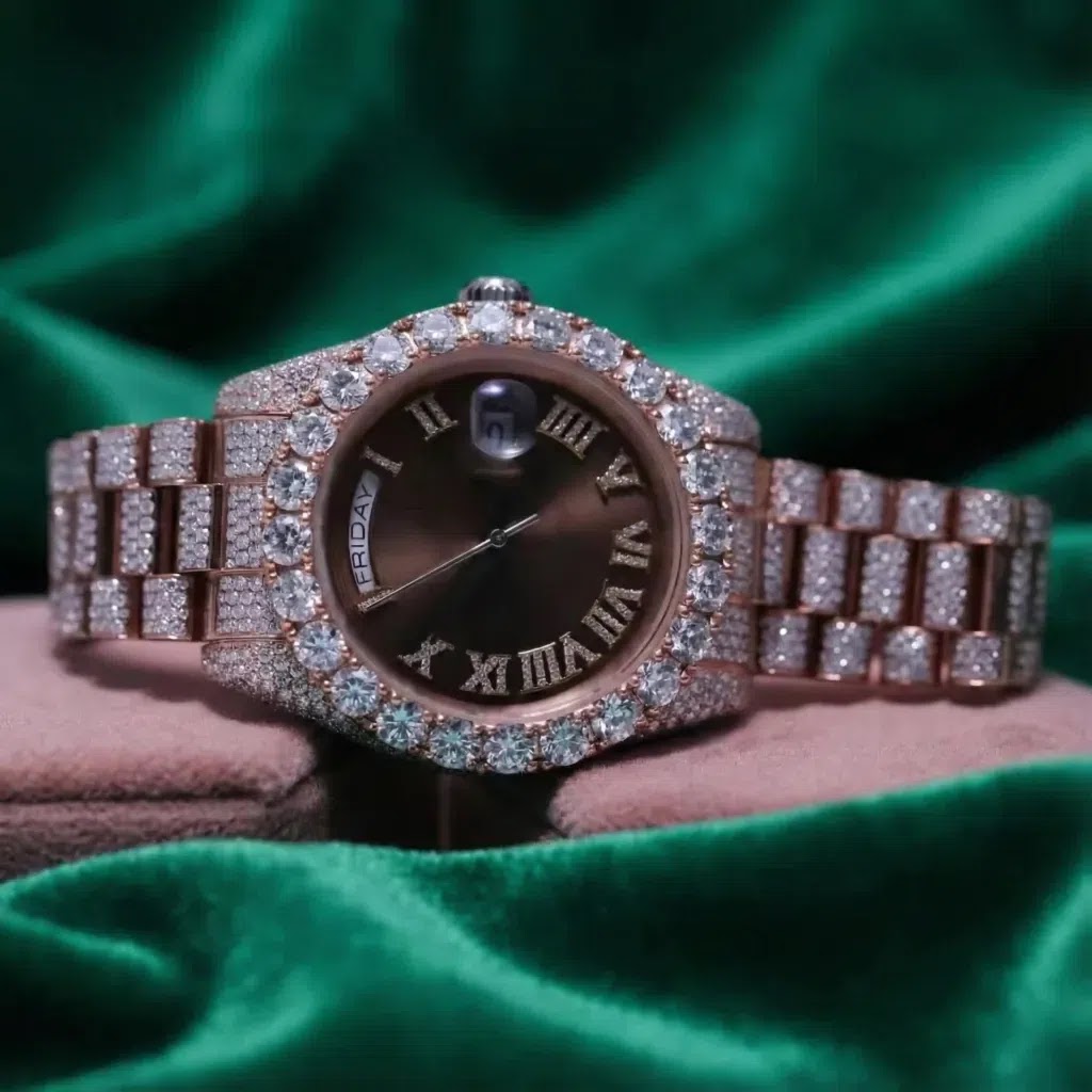 Rolex Day-Date Fully Iced Automatic Stainless Steel Watch Rose Gold Pavé Roman Numeral Diamond-Look Timepiece Angle 1
