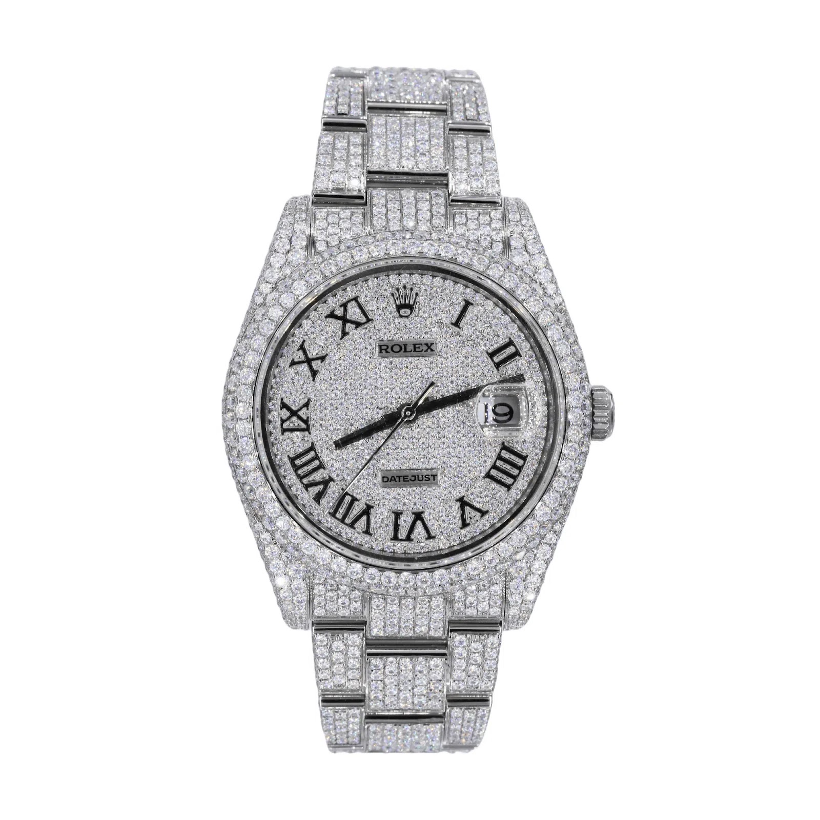 Rolex Day-Date Style Full Iced Silver Automatic Chronograph Watch with Diamond Bezel & Roman Dial Angle 1