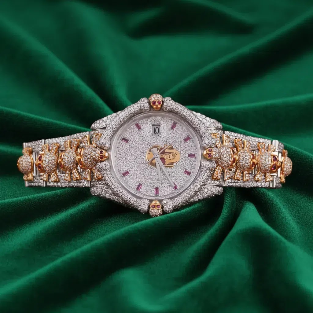 Rolex Luxury Fully Iced Automatic Stainless Steel Watch Decorative Bracelet Pavé Diamond-Look Statement Timepiece Angle 1