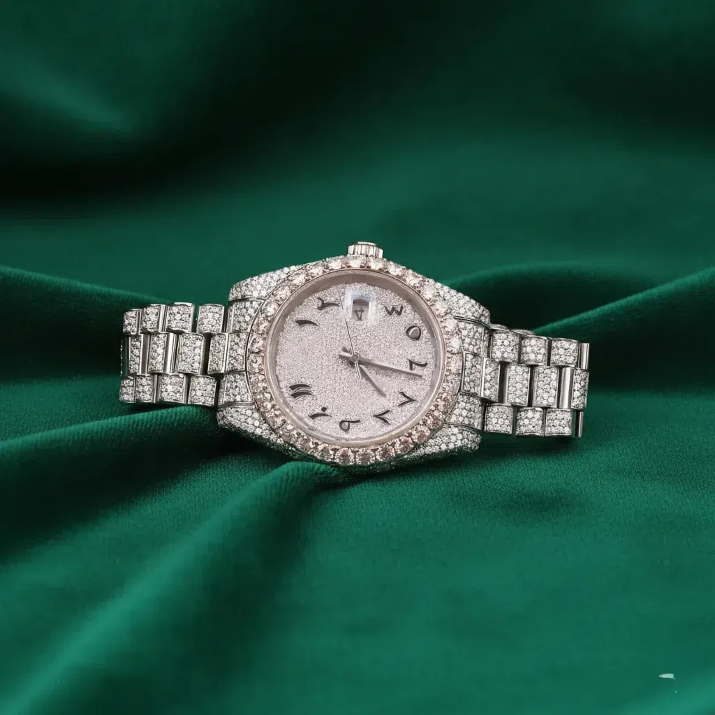 Rolex Premium Automatic Watch with Arabic Numerals Fully Iced Stainless Steel Angle 1